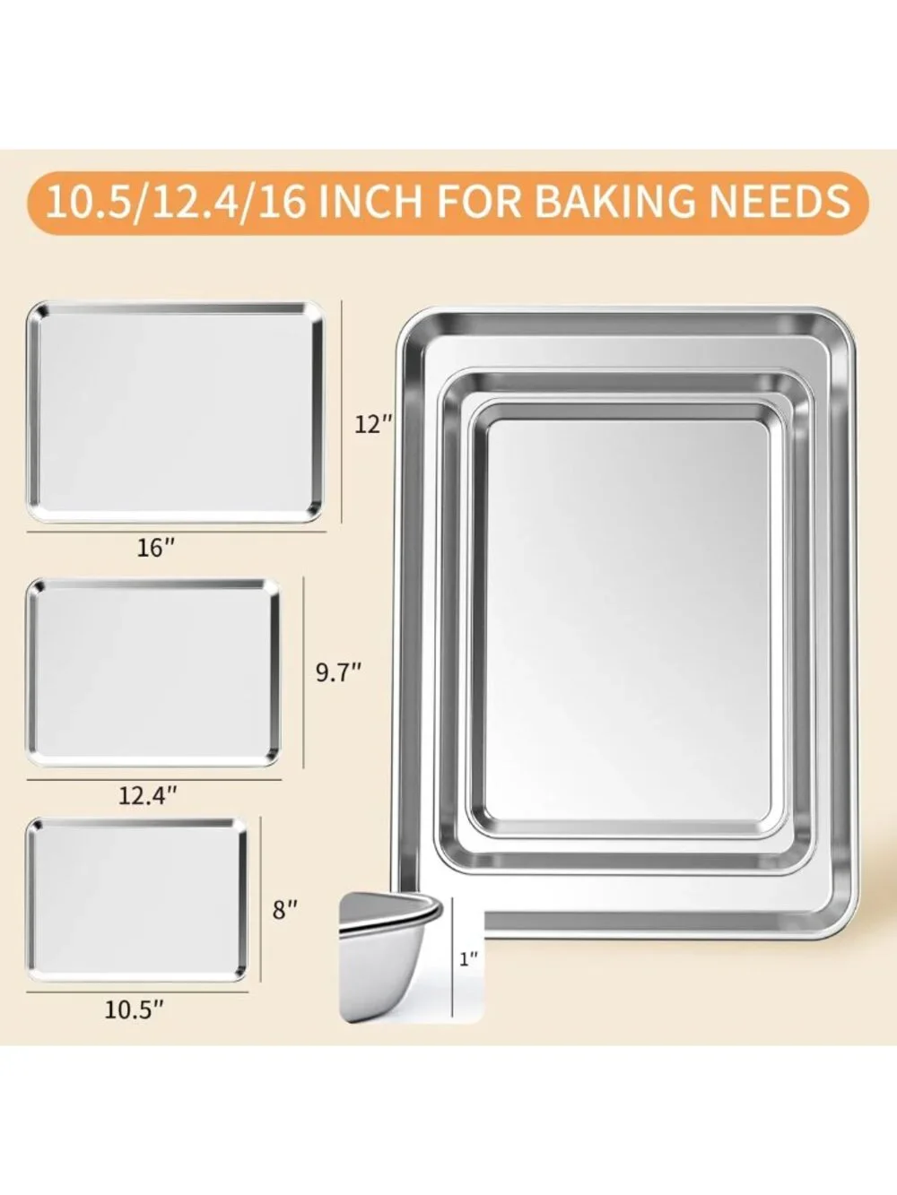 Stainless Steel Baking Sheet Set of 3 - Non-Stick, Heavy Duty, Easy Clean Pans